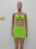 Women Green Strap Solid Lace Up Three Piece Swimwear