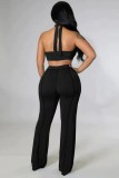 Women Summer Black Sexy Halter Sleeveless High Waist Solid Regular Two Piece Pants Set