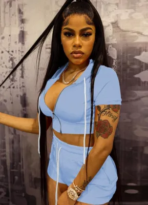 Women Summer Blue Casual Hooded Short Sleeves High Waist Solid Pockets Regular Two Piece Shorts Set
