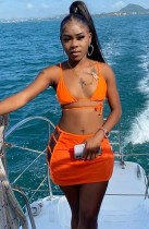Women Orange Strap Solid Lace Up Three Piece Swimwear