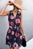 Women Summer Printed Casual V-neck Sleeveless Floral Print Belted Mini A-line Holiday Dress