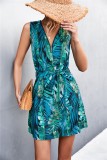 Women Summer Green Casual V-neck Sleeveless Printed Belted Mini A-line Holiday Dress