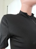 Women Summer Black Casual O-Neck Short Sleeves Striped Print Full Length Skinny Jumpsuit