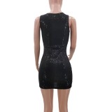 Women Summer Black Casual Strap Sleeveless Solid Sequined Mini Pencil Tank Dress
