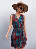 Women Summer Printed Casual V-neck Sleeveless Printed Belted Mini A-line Holiday Dress