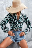 Women Spring Printed Modest V-neck Lantern Sleeve Leopard Print Chiffon Bow Regular Blouse