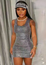 Women Summer Grey Casual Strap Sleeveless Solid Sequined Mini Pencil Tank Dress