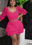 Women Summer Rose Sweet Square Collar Half Sleeves High Waist Patchwork Lace Regular MiniTwo Piece Skirt Set