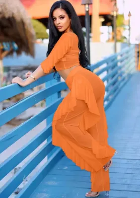 Women Summer Orange Modest O-Neck Three Quarter Sleeves High Waist Patchwork Cascading Ruffle Regular Two Piece Pants Set
