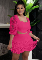 Women Summer Rose Sweet Square Collar Half Sleeves High Waist Patchwork Lace Regular MiniTwo Piece Skirt Set