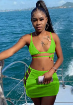Women Green Strap Solid Lace Up Three Piece Swimwear