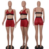 Women Summer Red Sexy V-neck Sleeveless High Waist Patchwork Regular Two Piece Shorts Set