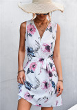 Women Summer White Casual V-neck Sleeveless Floral Print Belted Mini A-line Holiday Dress