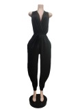 Women Summer Black Casual Halter Sleeveless Solid Ripped Full Length Regular Backless Jumpsuit