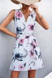 Women Summer White Casual V-neck Sleeveless Floral Print Belted Mini A-line Holiday Dress