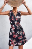 Women Summer Printed Casual V-neck Sleeveless Floral Print Belted Mini A-line Holiday Dress