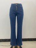 Women Spring Blue FLARE PANTS High Waist Button Fly Solid Pockets Full Length Regular Jeans Pants