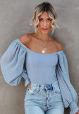 Women Summer Blue Streetwear Off-the-shoulder Three Quarter Sleeves Patchwork Regular T-Shirt