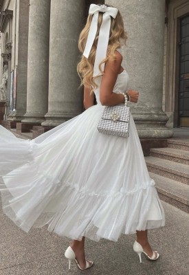 Women Summer White Romantic Strapless Sleeveless Solid Cascading Ruffle Maxi Dress