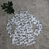 Women Spring White Modest Turn-down Collar Full Sleeves Letter Print Long Shirt