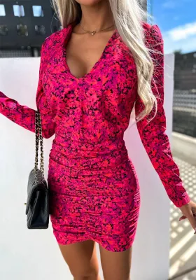 Women Summer Red Casual V-neck Full Sleeves Floral Print Mini Bodycon Dress
