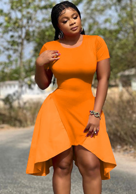 Women Summer Orange Casual O-Neck Short Sleeves Patchwork Midi Asymmetrical Shirt Dress