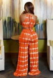 Women Summer Orange Casual Halter Sleeveless High Waist Printed Loose Two Piece Pants Set