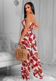 Women Summer Red Casual Strapless Sleeveless Floral Print Pockets Full Length Loose Jumpsuit