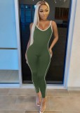 Women Summer Army Green Casual Strap Sleeveless Striped Print Full Length Skinny Jumpsuit