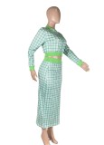Women Spring Green Modest O-Neck Full Sleeves High Waist Plaid Print Regular MidiTwo Piece Skirt Set