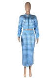 Women Spring Blue Modest O-Neck Full Sleeves High Waist Plaid Print Regular MidiTwo Piece Skirt Set