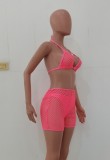 Women Pink Halter Plunge Neck Solid Hollow Out Three Piece Swimwear