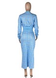 Women Spring Blue Modest O-Neck Full Sleeves High Waist Plaid Print Regular MidiTwo Piece Skirt Set