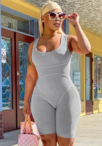 Women Summer Grey Sporty Strap Sleeveless Solid Knee-Length Skinny Ribbed Rompers