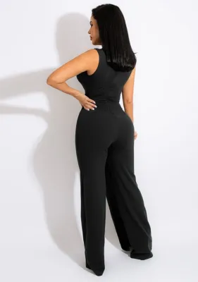 Women Summer Black Modest V-neck Sleeveless Belted Full Length Regular Jumpsuit