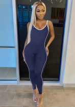 Women Summer Dark blue Casual Strap Sleeveless Striped Print Full Length Skinny Jumpsuit