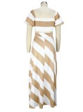 Women Summer Khaki Casual Short Sleeves High Waist Striped Print Hollow Out Loose MidiTwo Piece Skirt Set