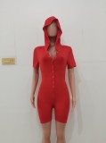 Women Summer Red Casual Hooded Short Sleeves Solid Button Above Knee Regular Rompers