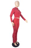 Women Spring Red Modest Turtleneck Full Sleeves High Waist Solid Pleated Regular Two Piece Pants Set