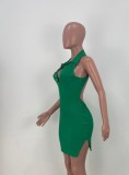 Women Summer Green Casual V-neck Sleeveless Solid color Rivet Knee-Length Bodycon Dress