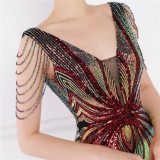 Women Summer Red Romantic V-neck Short Sleeves Sequined Mermaid Fringed Evening Dress