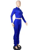 Women Spring Blue Modest Turtleneck Full Sleeves High Waist Solid Pleated Regular Two Piece Pants Set