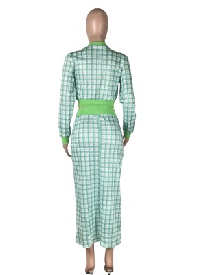 Women Spring Green Modest O-Neck Full Sleeves High Waist Plaid Print Regular MidiTwo Piece Skirt Set