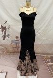Women Summer Black Vintage Off-the-shoulder Sleeveless Floral Print Embroidery Mermaid Evening Dress