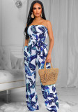 Women Summer Blue Casual Strapless Sleeveless Floral Print Pockets Full Length Loose Jumpsuit