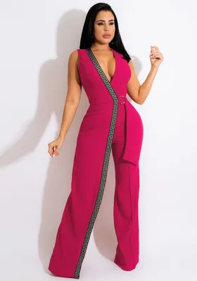 Women Summer Rose Modest V-neck Sleeveless Belted Full Length Regular Jumpsuit