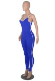 Women Summer Blue Casual Strap Sleeveless Striped Print Full Length Skinny Jumpsuit