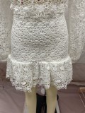 Women Summer White Sweet O-Neck Full Sleeves High Waist Solid Lace Lace Regular MiniTwo Piece Skirt Set