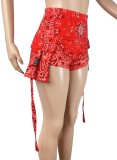 Women Summer Red Straight High Waist Elastic Waist Printed Pockets Regular Hot Shorts