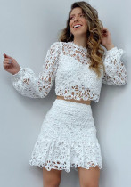 Women Summer White Sweet O-Neck Full Sleeves High Waist Solid Lace Lace Regular MiniTwo Piece Skirt Set